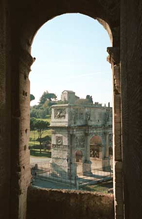 Nice view of Hadrian's Arch through a Colosseum "window".