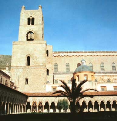 View of the Cathedral and its tower from the cloister courtyard.