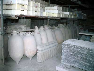 Jars in a storage shed.