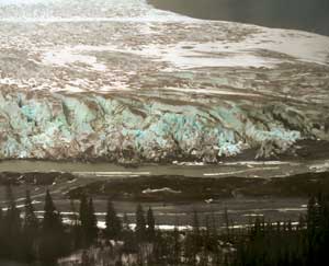 View of a glacier on the flight to Taku